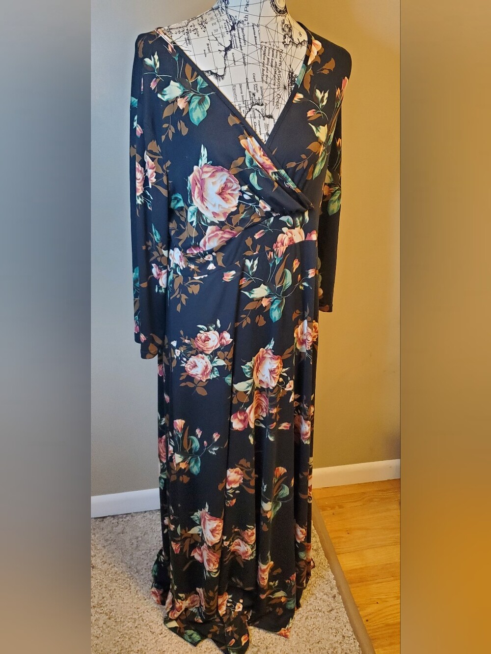 POSESHE Women XXL Black Pink Floral Faux Wrap Maxi Dress Long Sleeve Plus